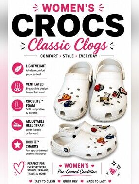 Women’s Crocs Classic Clogs White Slip On Comfort Shoes Sports Jibbitz Charms
